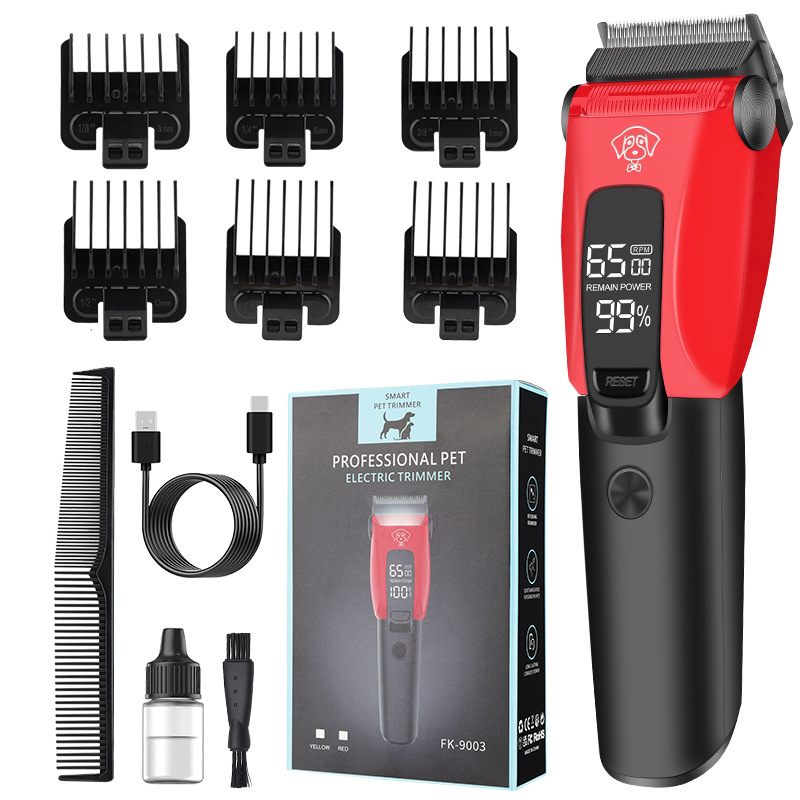 FK-9003 Nabíjateľný elektrický strojek na grooming pre domáce zvieratá s nehrdzavejúcimi čepeľami, kefový motor, zabudovaná batéria 1000–1200 mAh, 3–6 h prevádzky, vodotesný