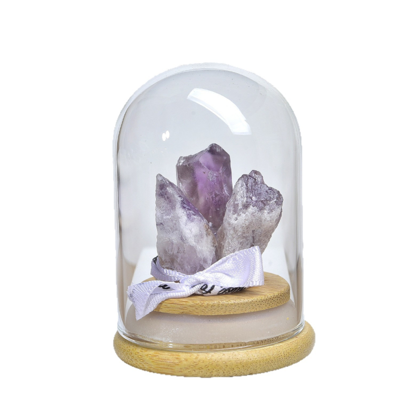 Prírodný ametistat kryštálový klaster vo fľaši s mikro krajinkou – geometrický tvar, značka Qian fat jewelry, materiál: ametist, štýl: moderný minimalistický