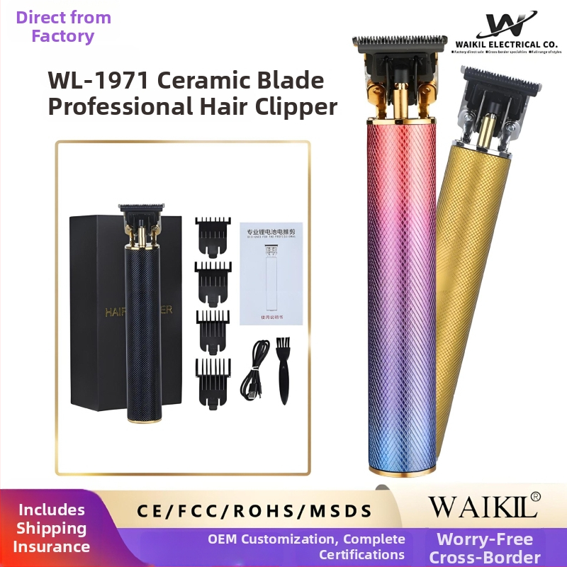 Elektrický strihací stroj na vlasy s keramickou čepeľou, brúsený motor, vstavaná batéria 100–300 mAh, výdrž 1–3 h, vymeniteľná umývateľná čepeľ, hliníkové puzdro