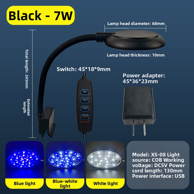 LED akváriumová klip lampička pre ryby a vodné rastliny, USB mini osvetlenie, 7W
