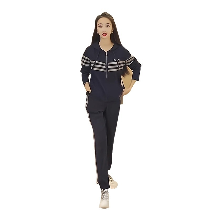 Ženský mestský športový set z ľahkej akrylovej pleteniny s dlhými rukávmi a potlačou, nohavicový set, jeseň 2024