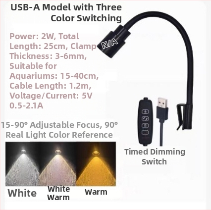 USB klipové svetlo do akvária, mini reflektor, 5W, hliníková zliatina, 150 g