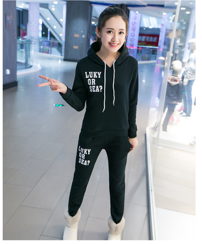 Dámsky fleecový hrubý voľnočasový športový set zo dvoch dielov, s dlhým rukávom, nohavice, tlačený vzor, polyester, jeseň 2023