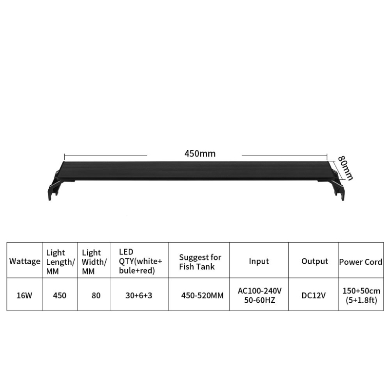 Osvetlenie akvária s nastaviteľným jasom, nastaviteľnými svetelnými efektmi, časovačom, 16W, hliníková zliatina
