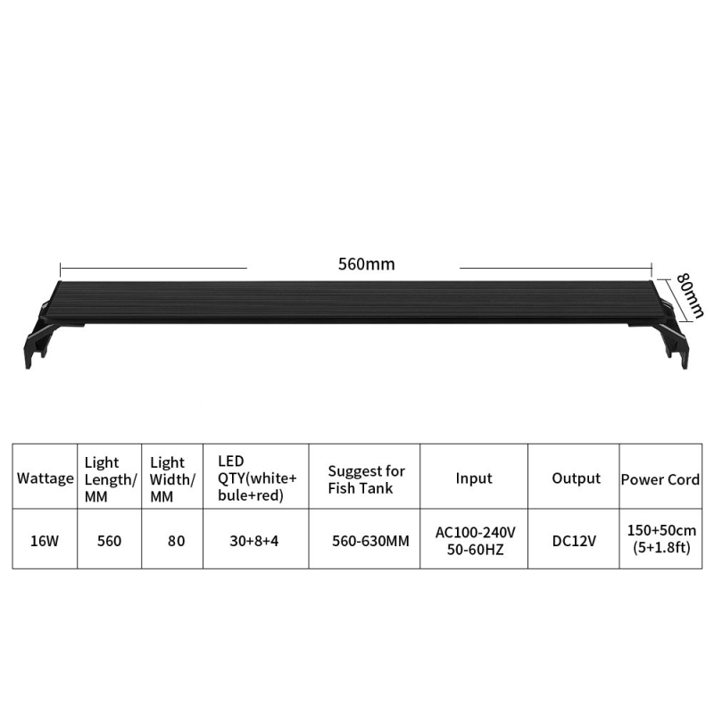 Osvetlenie akvária s nastaviteľným jasom, nastaviteľnými svetelnými efektmi, časovačom, 16W, hliníková zliatina