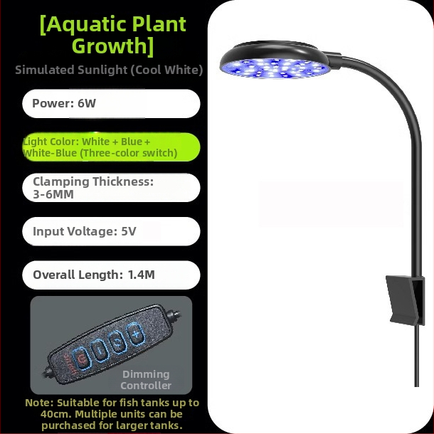 LED svetlo do akvária – 6W, USB klip-on, 360° osvetlenie, proti riasam, vodotesné, ABS telo