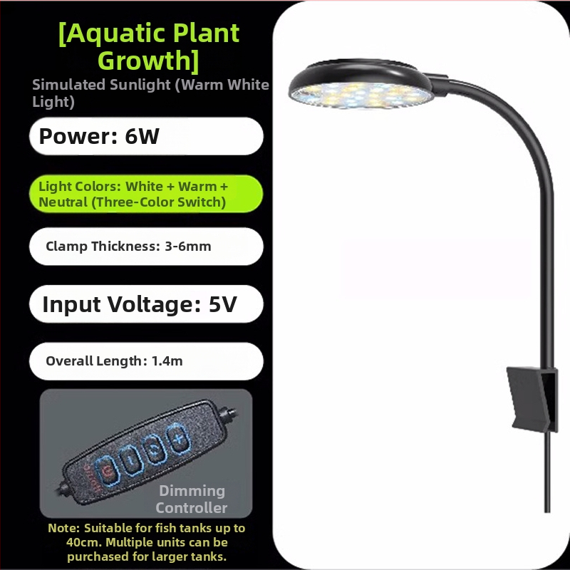 LED svetlo do akvária – 6W, USB klip-on, 360° osvetlenie, proti riasam, vodotesné, ABS telo