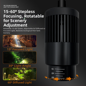 Akvariumo LED šviesa su klipu, atsparus vandeniui, pilnas spektros, reguliuojamas zoom spindulys, aliuminio lydinio korpusas, galia 3W–12W