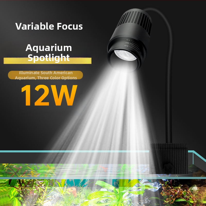 Akvariumo LED šviesa su klipu, atsparus vandeniui, pilnas spektros, reguliuojamas zoom spindulys, aliuminio lydinio korpusas, galia 3W–12W