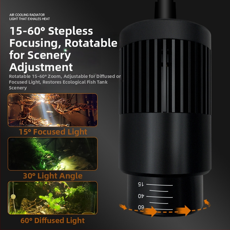 Akvariumo LED šviesa su klipu, atsparus vandeniui, pilnas spektros, reguliuojamas zoom spindulys, aliuminio lydinio korpusas, galia 3W–12W