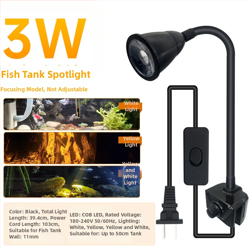 Akvariumo LED šviesa su klipu, atsparus vandeniui, pilnas spektros, reguliuojamas zoom spindulys, aliuminio lydinio korpusas, galia 3W–12W