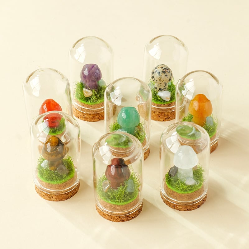 Sada 9 krištáľových húb v fľaštičke s prianím – ornament z krištálu, malý krajinný dizajn, darčekové balenie, moderný minimalistický geometrický dizajn, Apeng Crystal Crafts