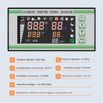 XM-18S inkubatora vadība ar automātisku temperatūras un mitruma kontroli, diapazons 0–40,5°C, piemērots putnu inkubācijai