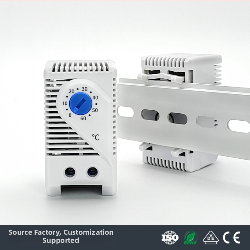 Regulējams skapja ventilatora termostats, mehānisks temperatūras regulators uz DIN sliedes, 220 V, izejas signāls 10, darbības ilgums 100000