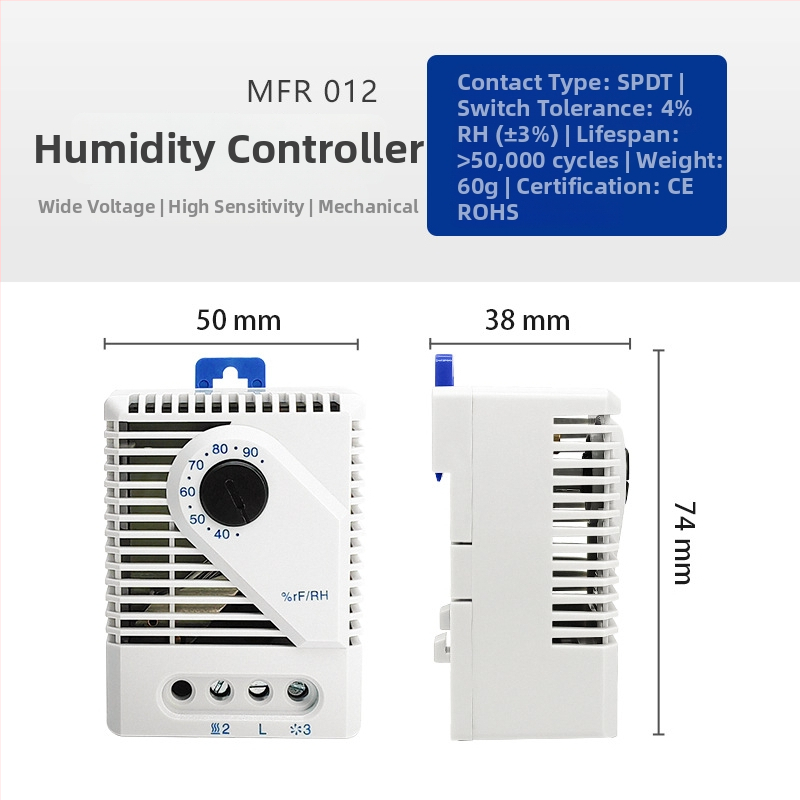 Nastaviteľný mechanický regulátor vlhkosti pre priemyselné skrinky — regulátor teploty a vlhkosti, montáž na DIN lištu, 110–220V