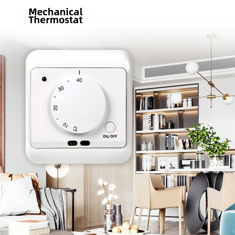 Mechanický termostat pre elektrické podlahové vykurovanie — zabudovaná inštalácia, 110–230 V, riadenie teploty vnútorného prostredia, značka Meiyue