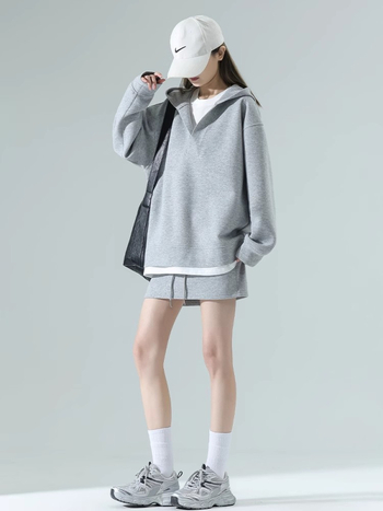 Súprava sukne a mikiny s V výstrihom, krátka sukňa, bavlna, raglánové rukávy, jar 2025, kórejský štýl