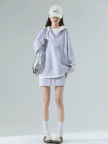 Súprava sukne a mikiny s V výstrihom, krátka sukňa, bavlna, raglánové rukávy, jar 2025, kórejský štýl