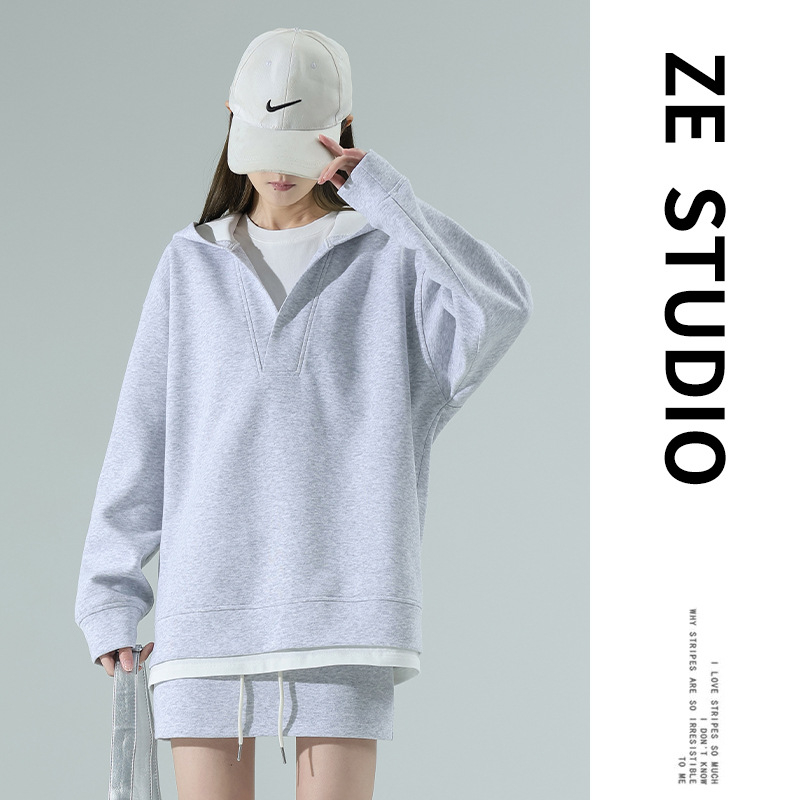 Súprava sukne a mikiny s V výstrihom, krátka sukňa, bavlna, raglánové rukávy, jar 2025, kórejský štýl