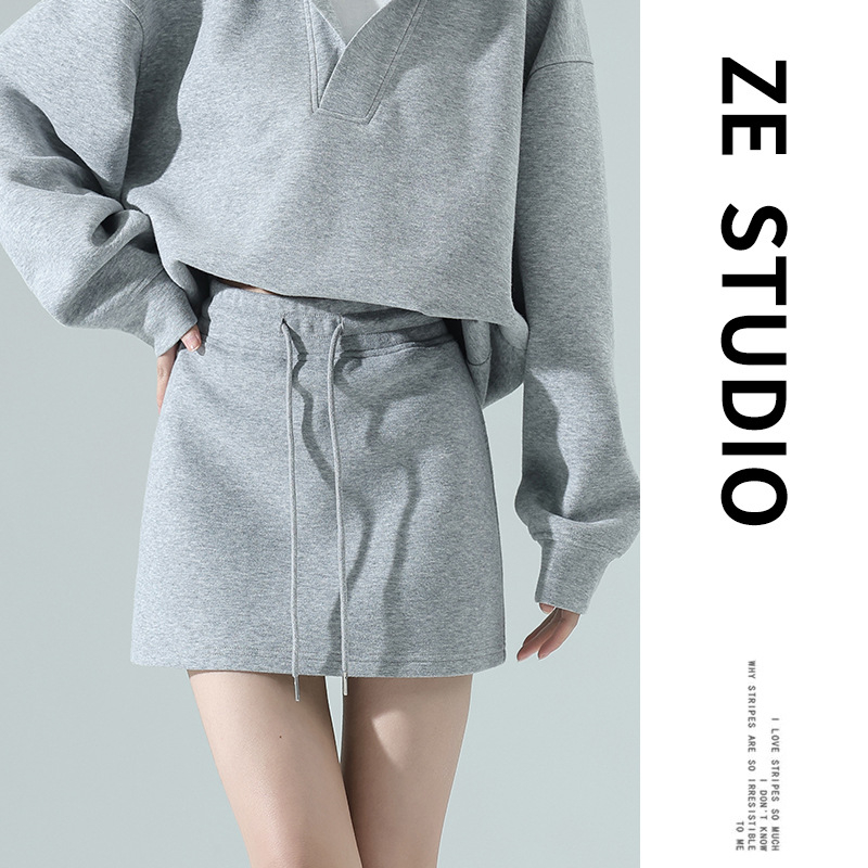 Súprava sukne a mikiny s V výstrihom, krátka sukňa, bavlna, raglánové rukávy, jar 2025, kórejský štýl
