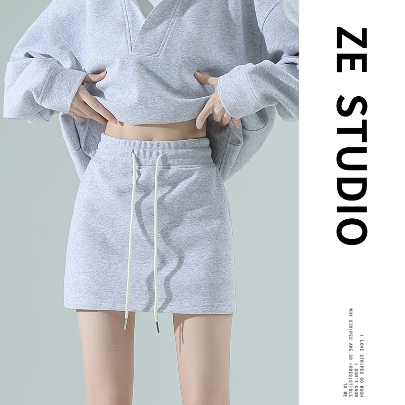 Súprava sukne a mikiny s V výstrihom, krátka sukňa, bavlna, raglánové rukávy, jar 2025, kórejský štýl