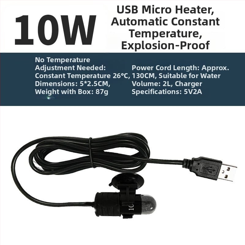 Mini USB fűtőkar kis akváriumokhoz és terráriumokhoz automata hőmérséklet-szabályozással (Anyag: NiCr vezeték; Teljesítmény: 10/15W; Tömeg: 89 g)