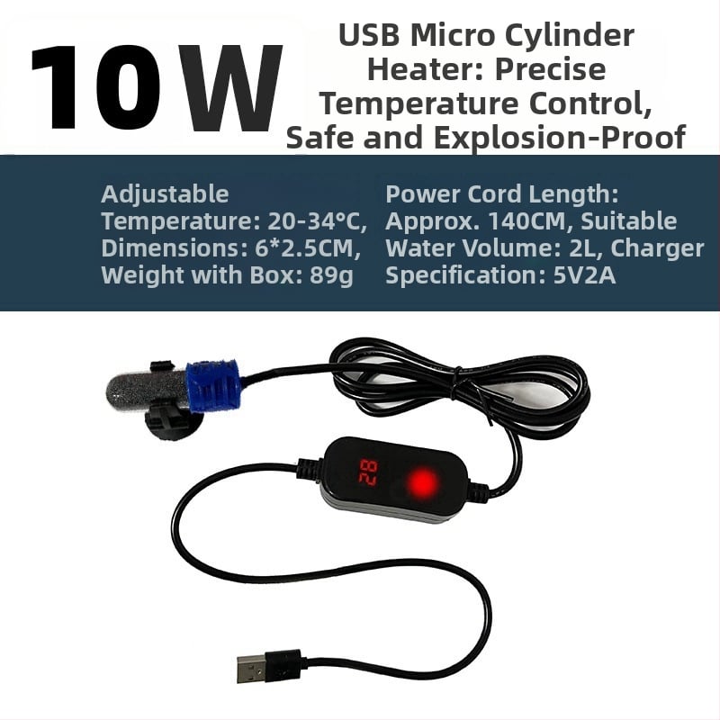 Mini USB fűtőkar kis akváriumokhoz és terráriumokhoz automata hőmérséklet-szabályozással (Anyag: NiCr vezeték; Teljesítmény: 10/15W; Tömeg: 89 g)