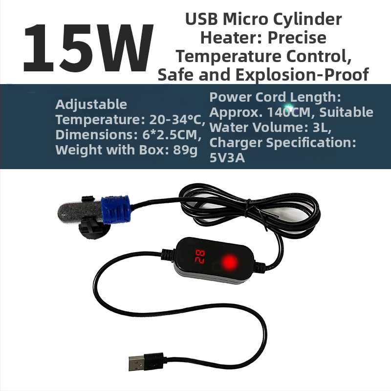 Mini USB fűtőkar kis akváriumokhoz és terráriumokhoz automata hőmérséklet-szabályozással (Anyag: NiCr vezeték; Teljesítmény: 10/15W; Tömeg: 89 g)