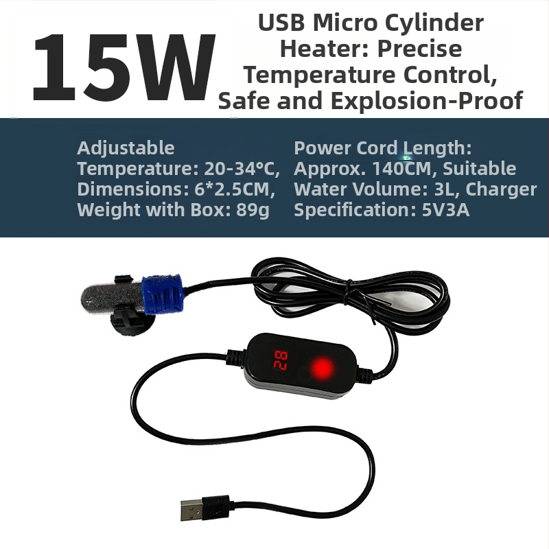 Mini USB fűtőkar kis akváriumokhoz és terráriumokhoz automata hőmérséklet-szabályozással (Anyag: NiCr vezeték; Teljesítmény: 10/15W; Tömeg: 89 g)