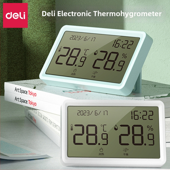 Deli хигрометър с дисплей за температура за бюро, двуцветен дисплей, кутия от 96 броя