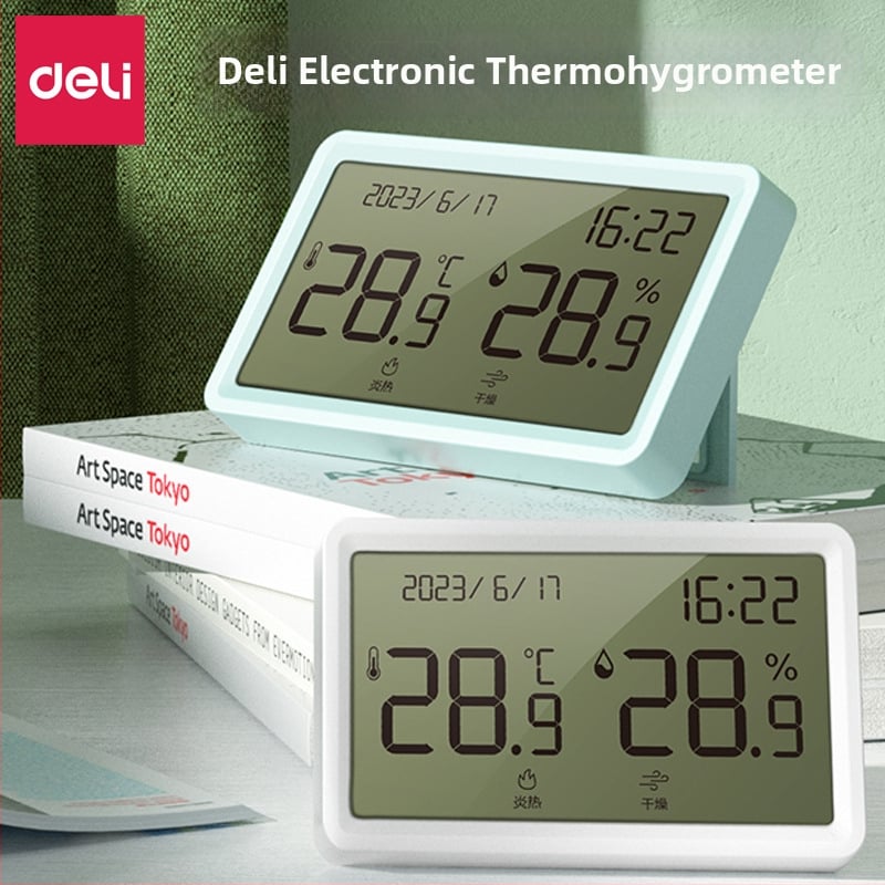 Deli хигрометър с дисплей за температура за бюро, двуцветен дисплей, кутия от 96 броя