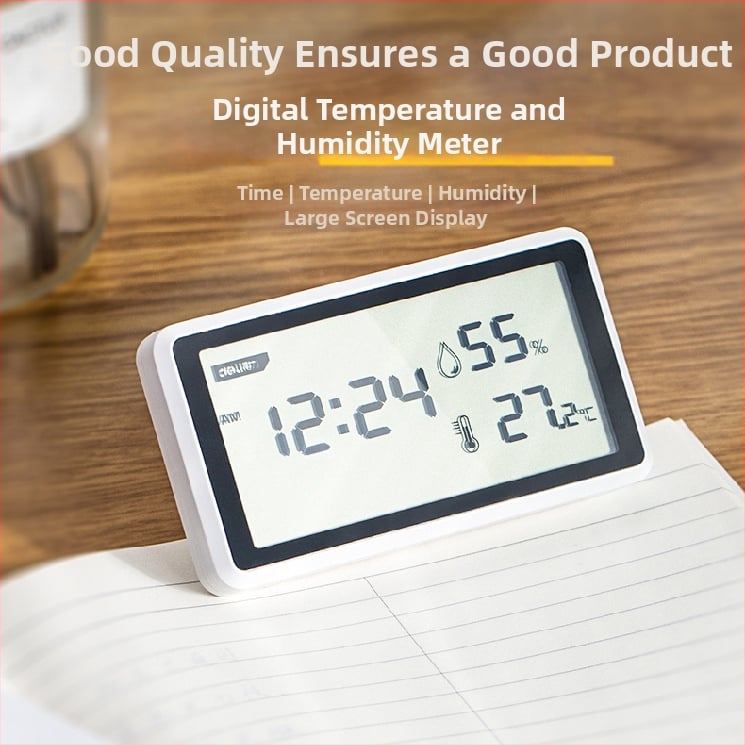 Teplomer do miestnosti značky Deli s veľkou LCD obrazovkou, na vnútorné použitie, batériové napájanie, stolný model