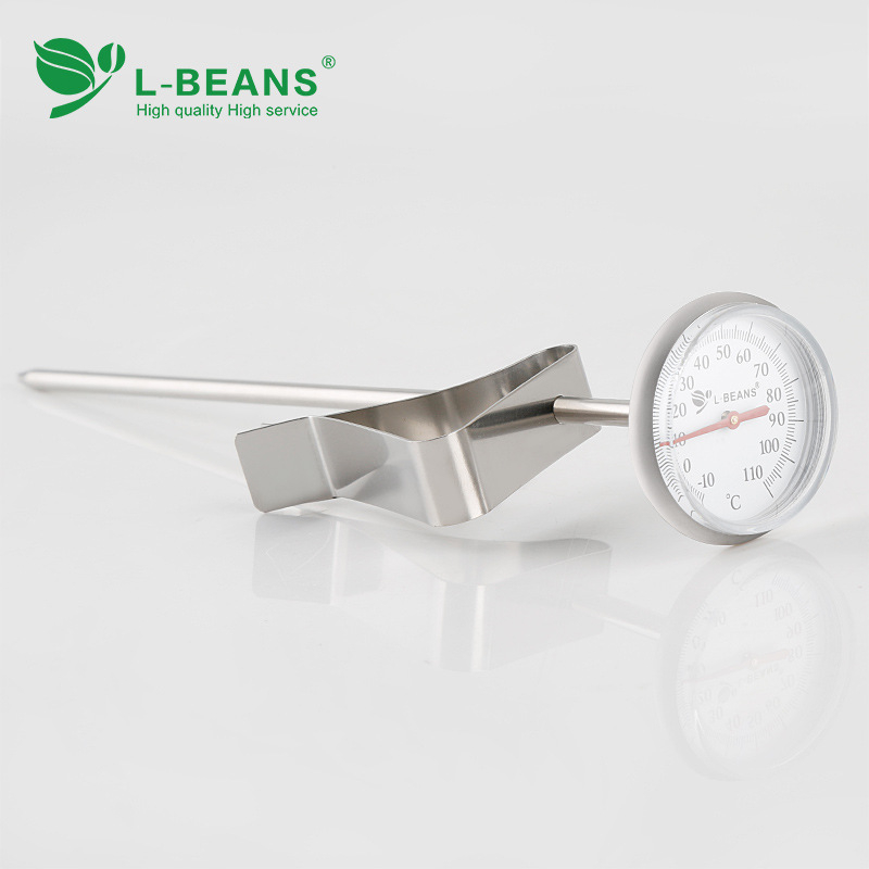 L-BEANS Zavesiteľný kávový teplomer s ukazovateľom na disku, rozsah -10°C až 110°C, pôvod Guangdong, balenie 100 kusov, licencovaná súkromná značka