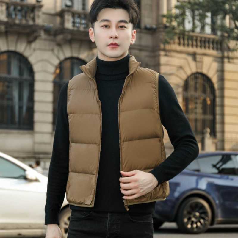 Vestă pentru bărbați, stil coreean, cu guler înalt, 86–90% puf, umplutură din puf de rață alb, impermeabil, fermoar frontal, ușoară, pentru -5°C până la 0°C