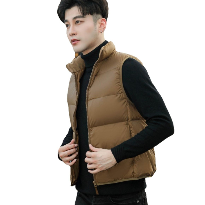 Vestă pentru bărbați, stil coreean, cu guler înalt, 86–90% puf, umplutură din puf de rață alb, impermeabil, fermoar frontal, ușoară, pentru -5°C până la 0°C
