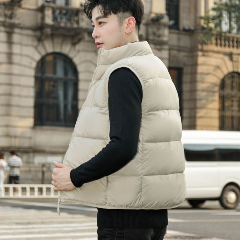 Pánska vesta z peria, korejského štýlu so stojacim golierom, 86–90% obsah páperia, výplň z bieleho kačacieho páperia, nepremokavá, predný zips, ľahká, vhodná pre -5°C až 0°C
