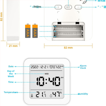 Viacfunkčný hygromometer budík s kalendárom pre deti — napája sa 2× AAA batériami; presnosť teploty ±1°C; presnosť vlhkosti ±5%