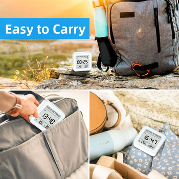 Viacfunkčný hygromometer budík s kalendárom pre deti — napája sa 2× AAA batériami; presnosť teploty ±1°C; presnosť vlhkosti ±5%