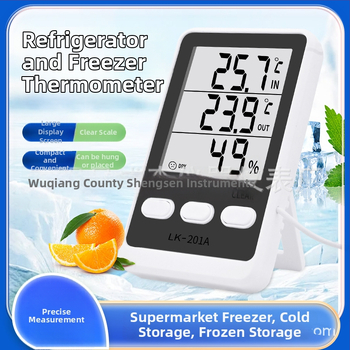 LK-201A elektronický higrometer a dvojitý teplomern pre chladničku a akvárium, s káblovým senzorom; rozlíšenie 0,1°C, chyba teploty ±1,0°C, chyba vlhkosti ±5% RH, napájanie AAA