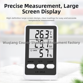 LK-201A elektronický higrometer a dvojitý teplomern pre chladničku a akvárium, s káblovým senzorom; rozlíšenie 0,1°C, chyba teploty ±1,0°C, chyba vlhkosti ±5% RH, napájanie AAA