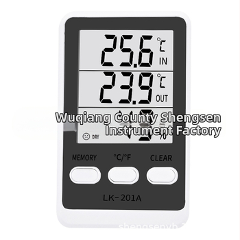 LK-201A elektronický higrometer a dvojitý teplomern pre chladničku a akvárium, s káblovým senzorom; rozlíšenie 0,1°C, chyba teploty ±1,0°C, chyba vlhkosti ±5% RH, napájanie AAA