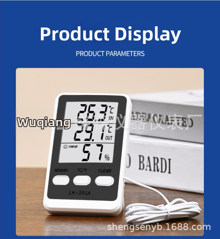 LK-201A elektronický higrometer a dvojitý teplomern pre chladničku a akvárium, s káblovým senzorom; rozlíšenie 0,1°C, chyba teploty ±1,0°C, chyba vlhkosti ±5% RH, napájanie AAA