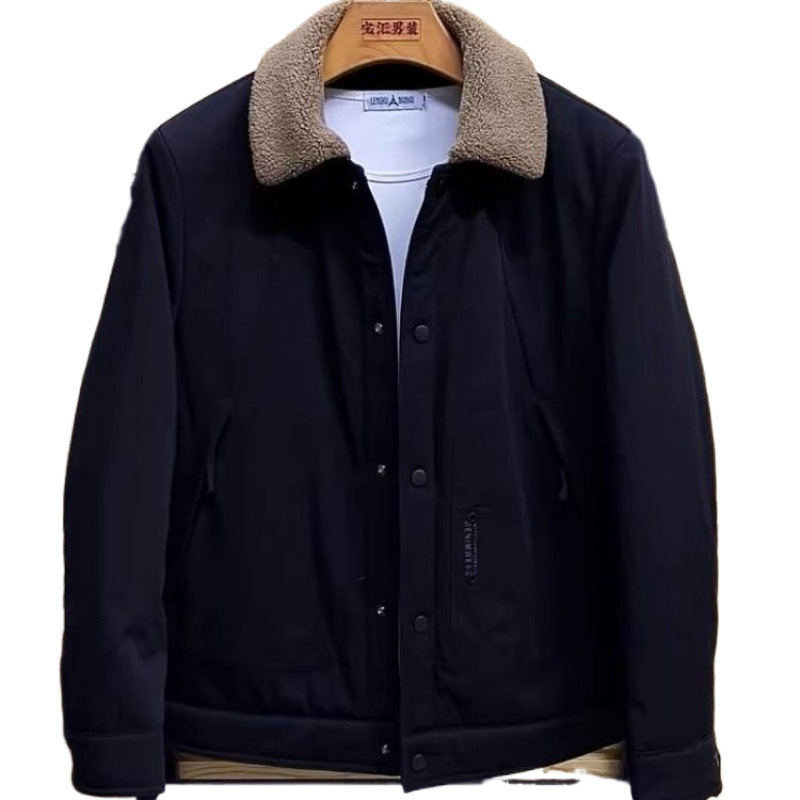 Jachetă de iarnă pentru bărbați, căptușită cu fleece, guler rever, croială liberă, culoare solidă