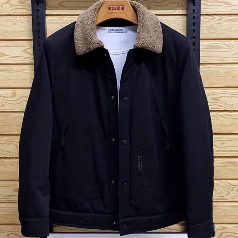 Jachetă de iarnă pentru bărbați, căptușită cu fleece, guler rever, croială liberă, culoare solidă
