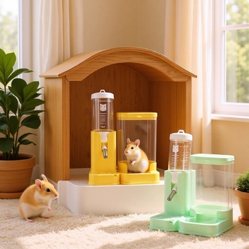 Sada pre hamster: plastová fľaša na vodu, miska na jedlo a úkryt — 2 v 1 proti úniku, plast, Číslo produktu 937408597772