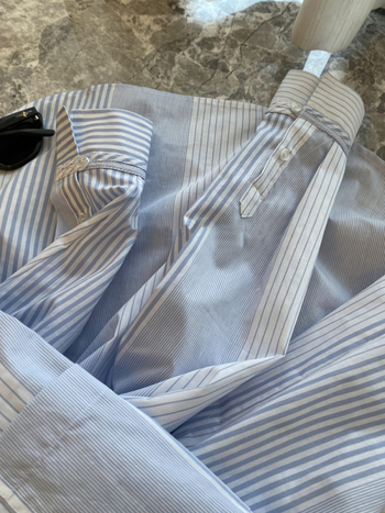 Cămașă cu dungi, mâneci lungi, guler polo, din bumbac cu amestec de nylon