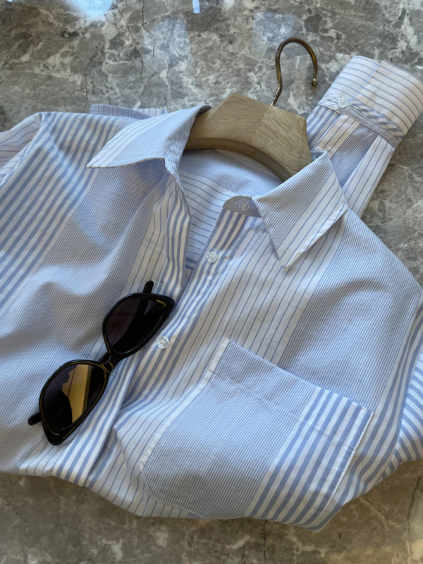 Cămașă cu dungi, mâneci lungi, guler polo, din bumbac cu amestec de nylon