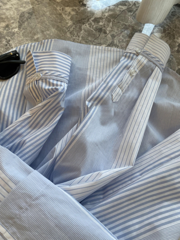 Cămașă cu dungi, mâneci lungi, guler polo, din bumbac cu amestec de nylon