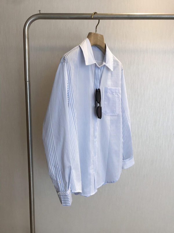 Cămașă cu dungi, mâneci lungi, guler polo, din bumbac cu amestec de nylon