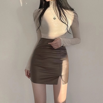 Vysoký pás faux PU kožená sukňa s A-liniou, priliehavý strih, s vreckami